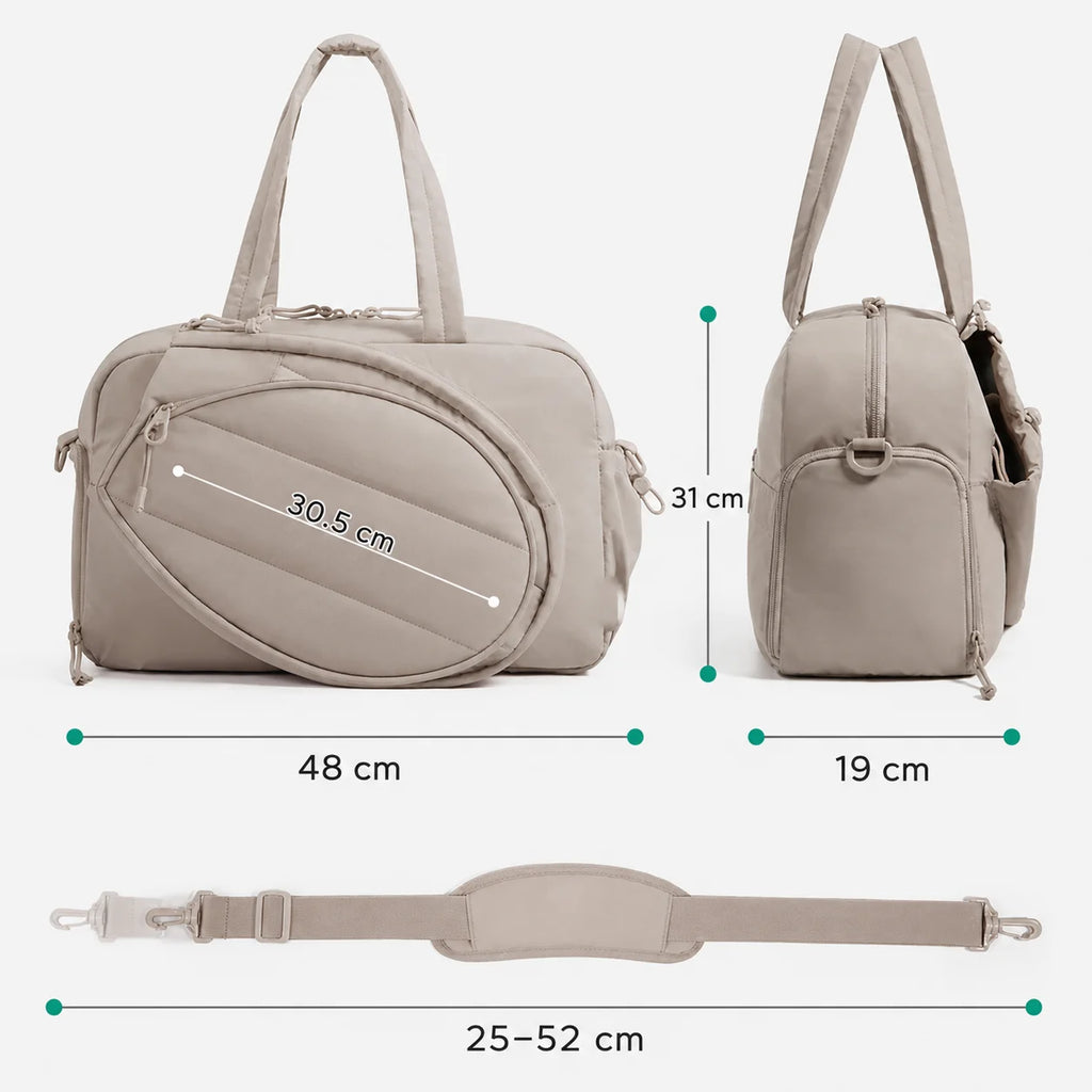 Schéma dimensions sac bandoulière pickleball : 48 × 31 × 19 cm, bandoulière réglable 25-52 cm, coloris kaki