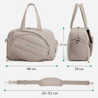 Schéma dimensions sac bandoulière pickleball : 48 × 31 × 19 cm, bandoulière réglable 25-52 cm, coloris kaki