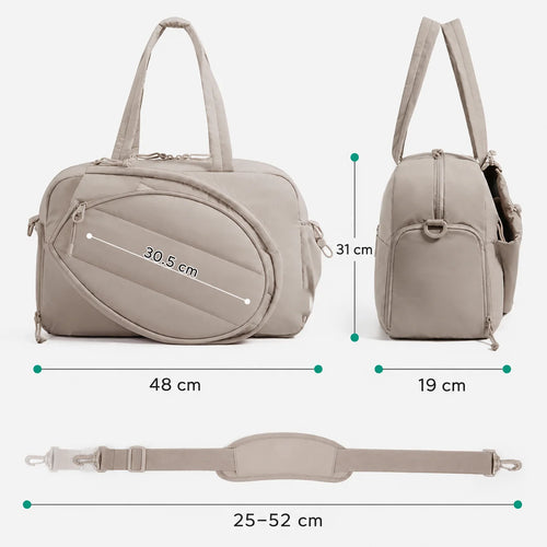 Schéma dimensions sac bandoulière pickleball : 48 × 31 × 19 cm, bandoulière réglable 25-52 cm, coloris kaki