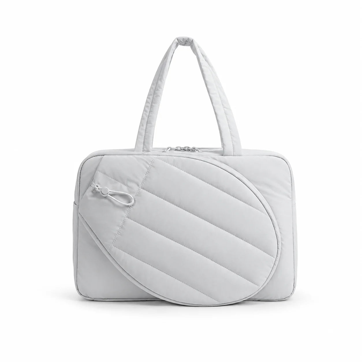 Sac bandoulière pickleball coloris gris clair, vue de face avec anses courtes et poche raquette ovale