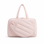 Sac bandoulière pickleball coloris rose, vue de face avec anses rembourrées et motif raquette en relief