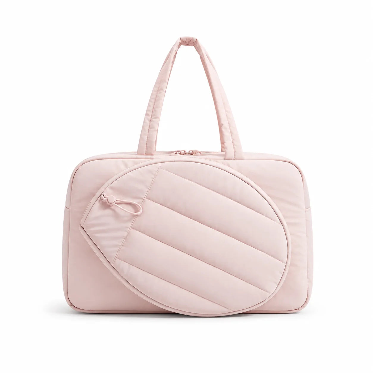Sac bandoulière pickleball coloris rose, vue de face avec anses rembourrées et motif raquette en relief