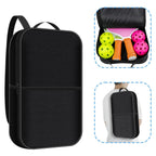 Montage montrant le sac de pickleball noir : vue extérieure, intérieur avec deux raquettes et quatre balles, et sac porté à l'épaule.