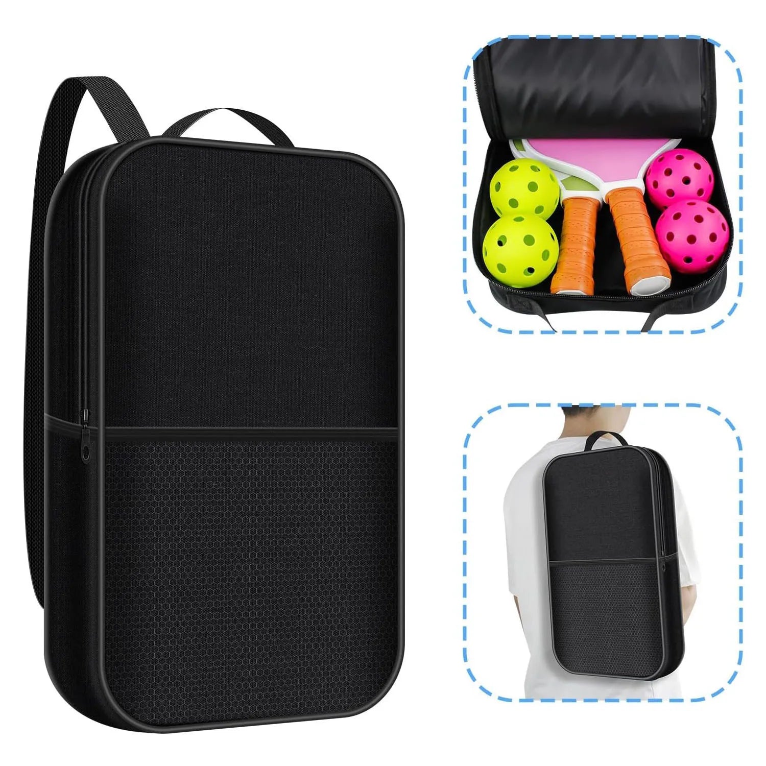 Montage montrant le sac de pickleball noir : vue extérieure, intérieur avec deux raquettes et quatre balles, et sac porté à l'épaule.