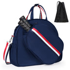 Sac de pickleball bleu marine avec sangles tricolores, housse de protection frontale pour deux raquettes et petit sac à balles amovible inclus.