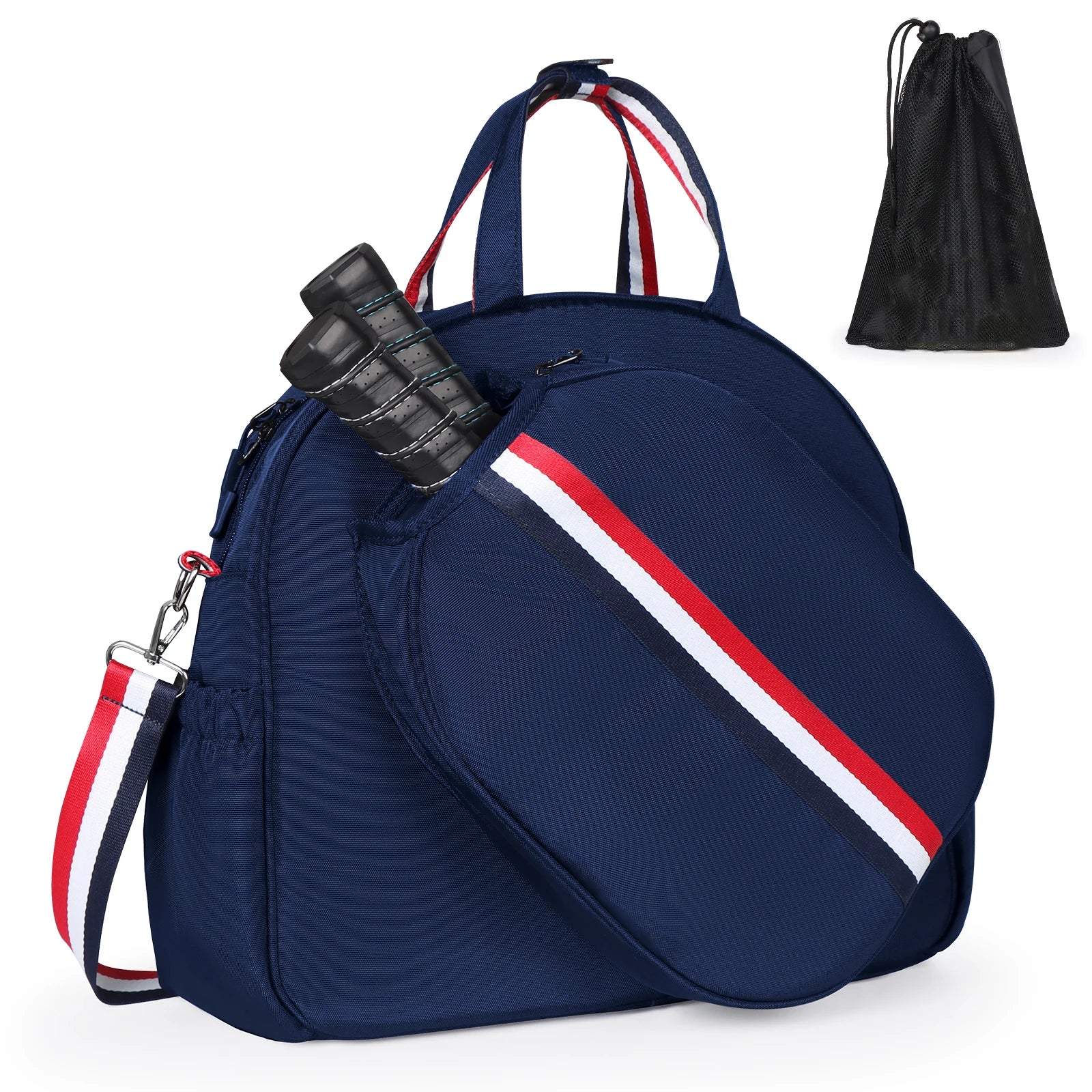 Sac de pickleball bleu marine avec sangles tricolores, housse de protection frontale pour deux raquettes et petit sac à balles amovible inclus.