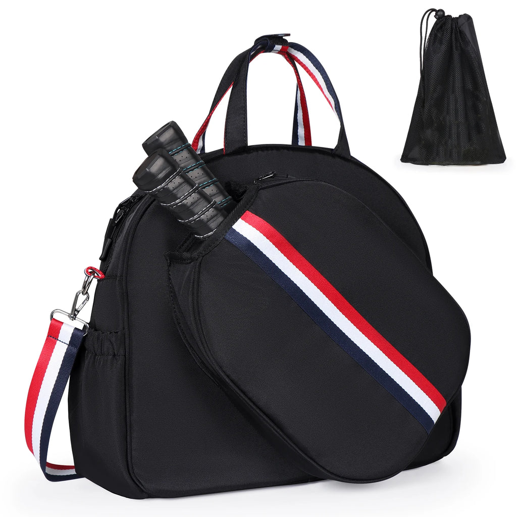Sac de pickleball noir à sangles tricolores avec sa housse de protection pour 2 raquettes et son sac à balles indépendant assorti pour une organisation optimale.