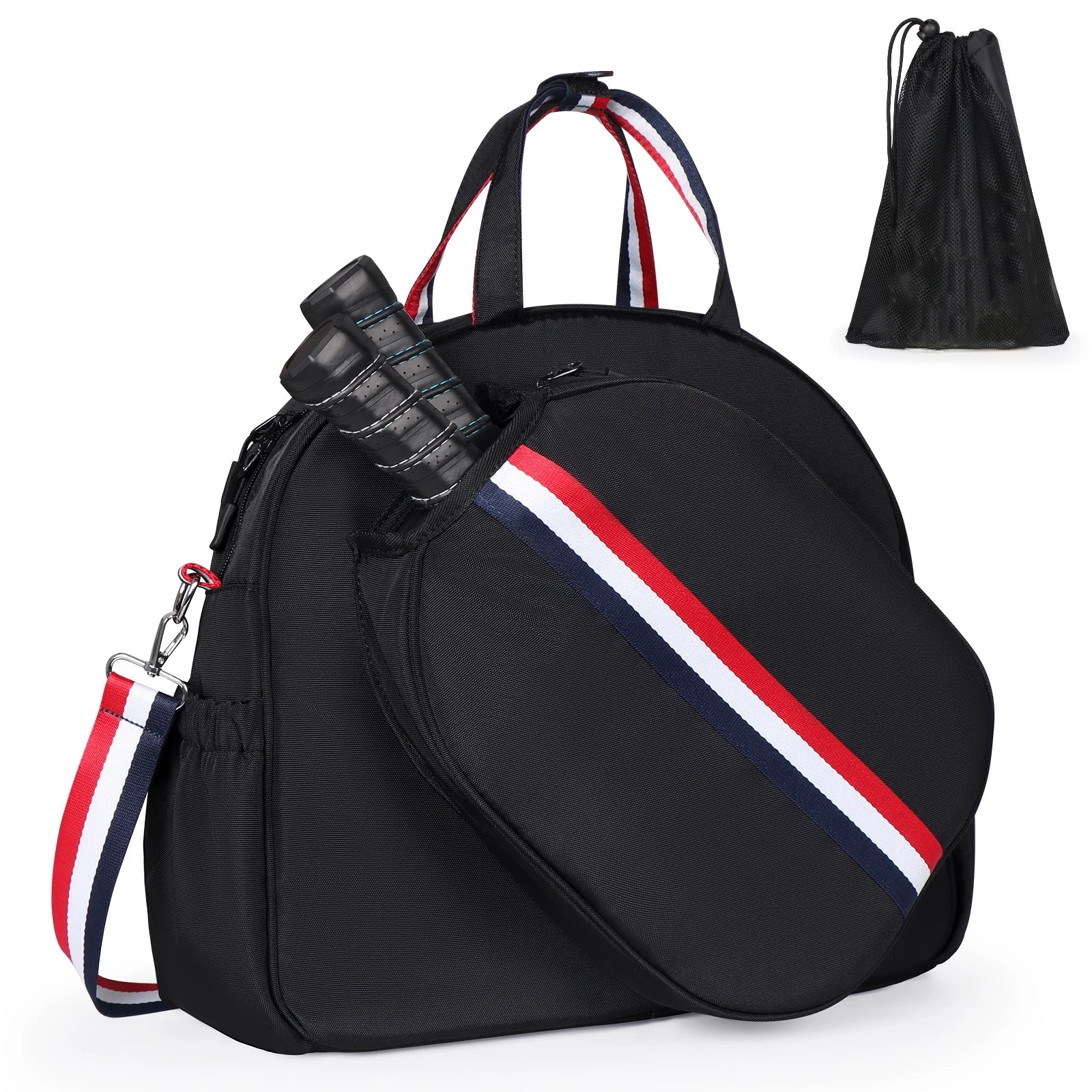 Sac de pickleball noir à sangles tricolores avec sa housse de protection pour 2 raquettes et son sac à balles indépendant assorti pour une organisation optimale.