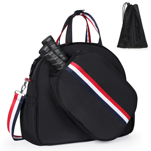 Sac de pickleball noir à sangles tricolores avec sa housse de protection pour 2 raquettes et son sac à balles indépendant assorti pour une organisation optimale.