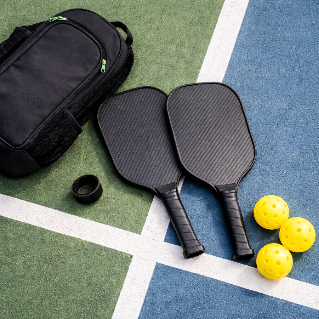 Sac de transport pickleball avec raquettes et balles jaunes