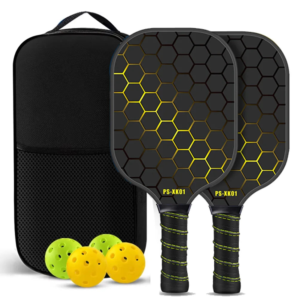 Kit duo de raquettes pickleball T700 épaisseur 16 mm, design nid d'abeille jaune et noir, livré avec balles et housse de rangement.