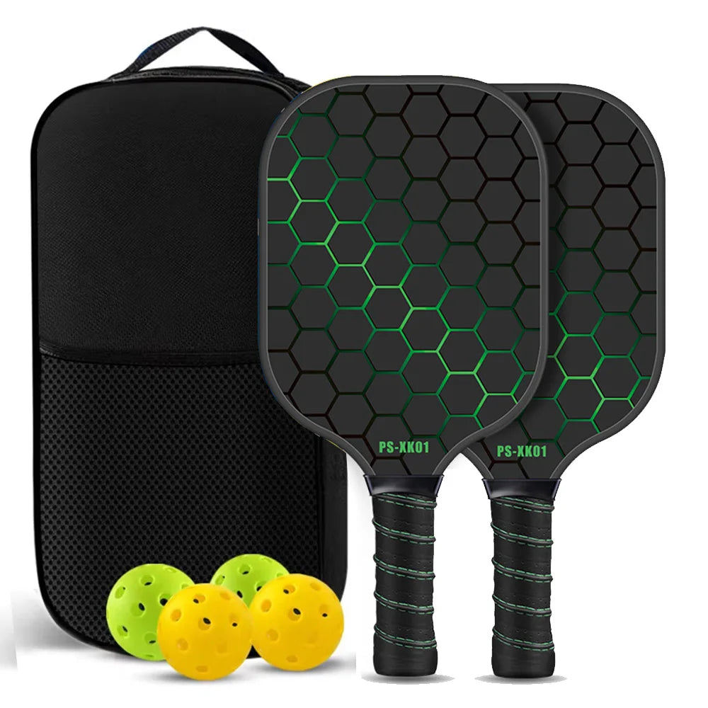 Pack complet de 2 raquettes de pickleball en carbone T700 avec motif nid d'abeille vert néon, incluant 4 balles jaunes et un sac de transport noir.