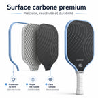 Schéma technique de la raquette Joysent montrant les couches : garde-bord de protection, surface en fibre de carbone haute performance et cœur en nid d'abeille haute densité.